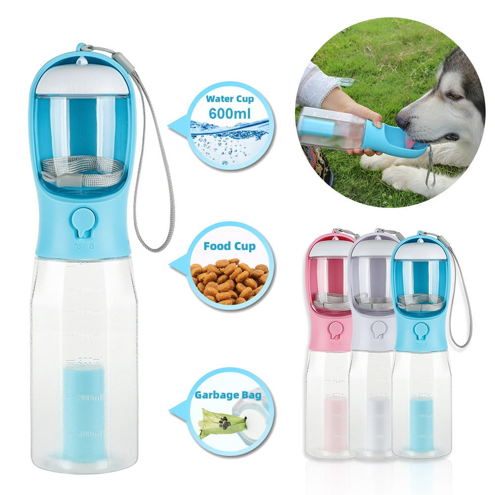 Leak-Proof Pet Water Bottle with Food & Poop Bag Dispenser
